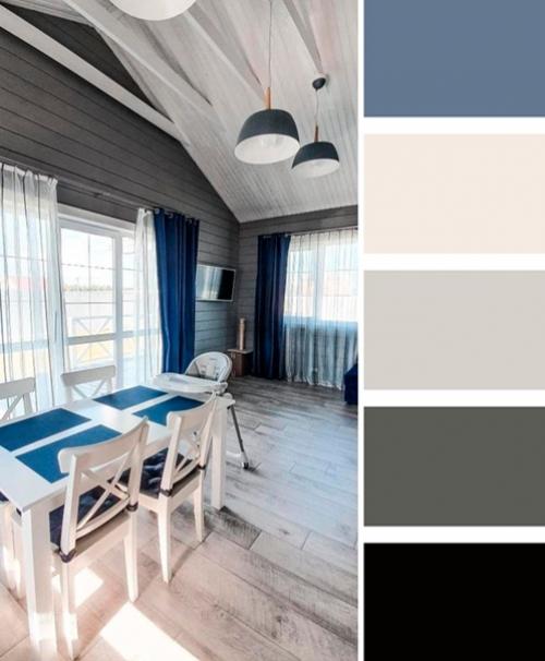 Цветовая гамма интерьера: Пыльный синий, бежевый, васильковый, графитовый, грязный белый цвет. 01