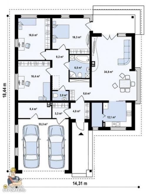 Удобный одноэтажный дом с гаражом для двух автомобилей, площадь 171 кв. 05