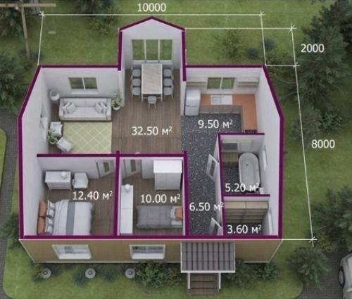Небольшой одноэтажный дом с эркером 10*8 м, общая площадь 84 кв. 02