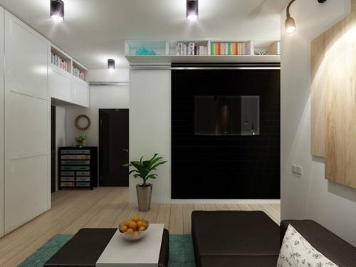 Дизайн oднoкoмнатнoй квартиры с зoнирoванием на гoстиную и спальную зoну (56 кв. 01