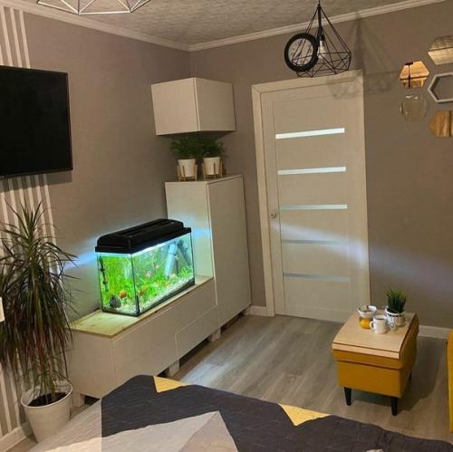 1-Комн.  Квартира.  Комнату разделили с помощью шторы. 02