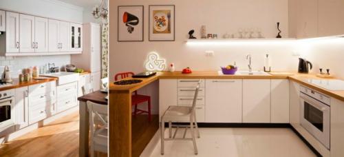 Белая кухня с деревянной столешницей – очаровательный минимализм