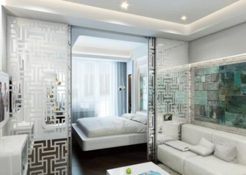 Идеи разделения комнаты на спальню и гостиную. Идея размещения и использования кровати в гостиной