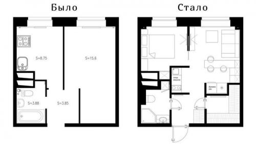 Ремонт в однокомнатной квартире 32 кв. 32 кв. м: красивая перепланировка “однушки” в “двушку”