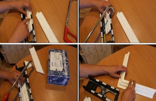 Как вырезать внутренний угол потолочного плинтуса с стуслом. Способ «О! Везунчик!» Режем плинтус стуслом