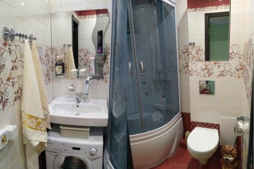 Дизайн ванной комнаты в хрущевке с душевой кабиной. Скругленные с высоким поддоном